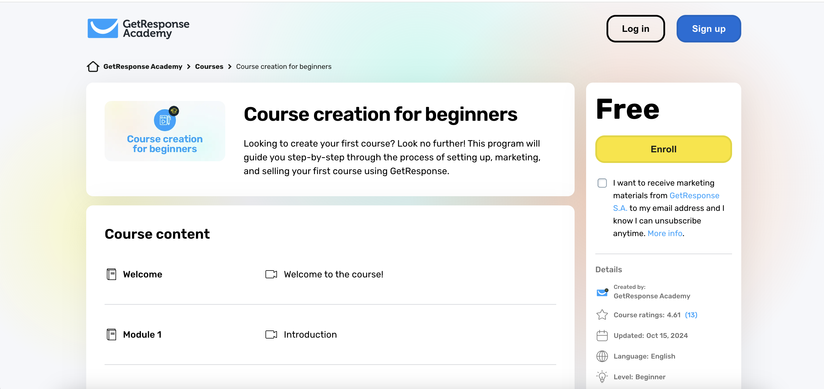 GetResponse's course creation for beginners landing page